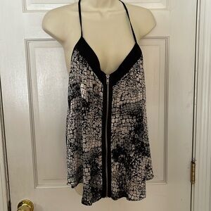 Love Couture size large black print silky halter top / camisole full zip front